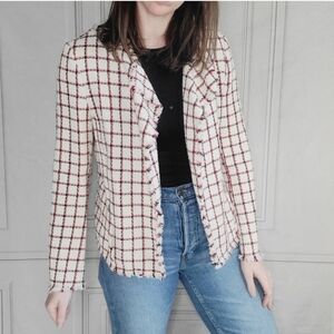 ZARA White/Black/Red Windowpane Fringe Raw Edge Blazer - XL